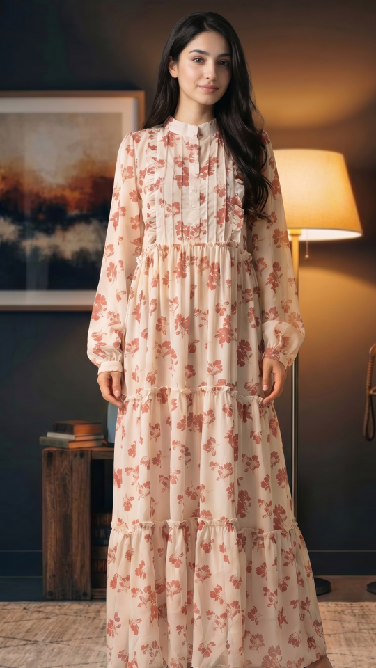 OffWhite FloralPrinted Modest Dress 