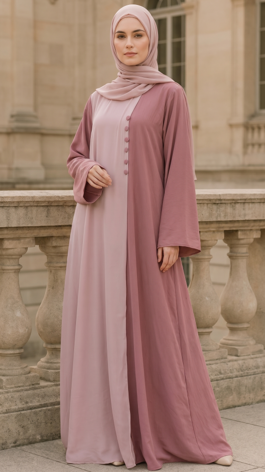 Bulk Modest Abaya with Show Buttons on the Front in Blush Pink and Dull Magenta