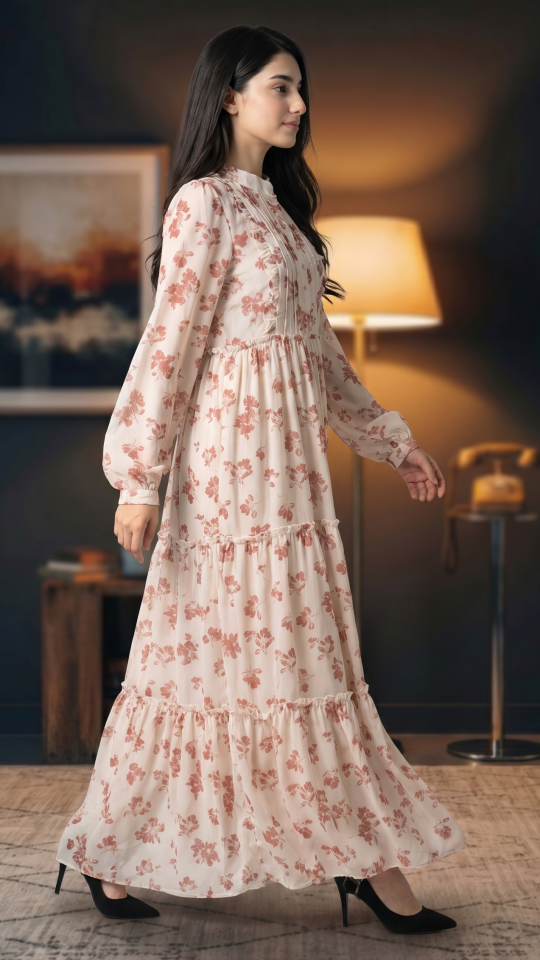 OffWhite FloralPrinted Modest Dress 