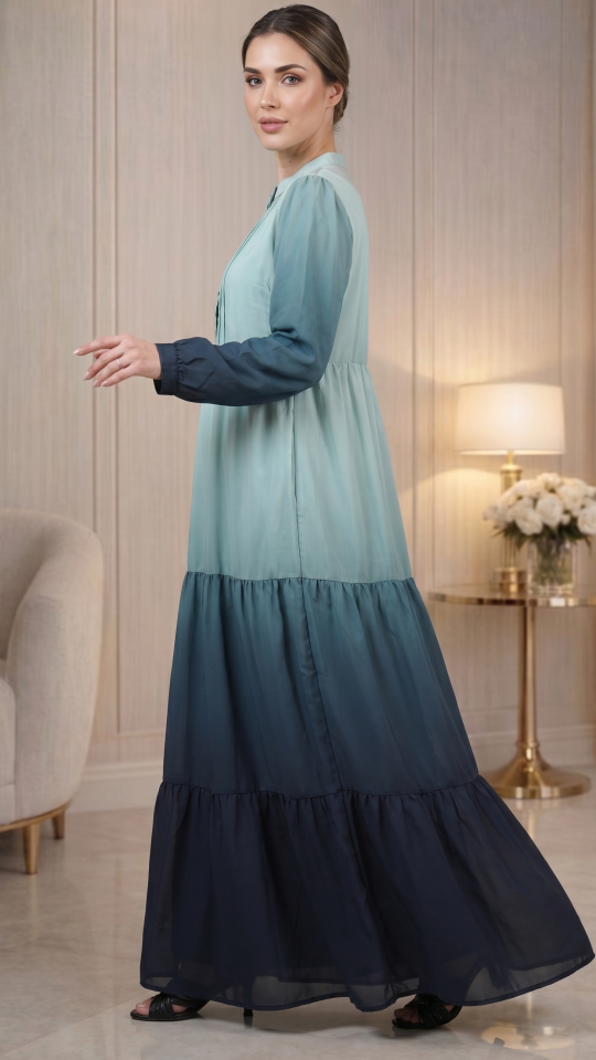 Ombre Modest Dress With Show Buttons