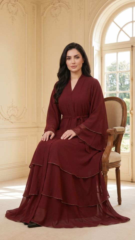 Front Open Layered Dress with Stone Lace in Dark Maroon