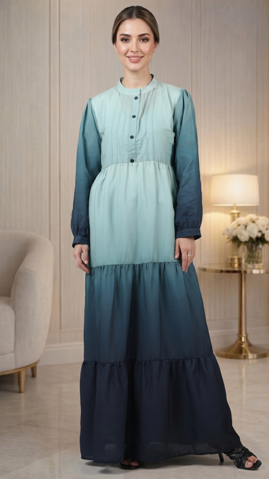 Ombre Modest Dress With Show Buttons