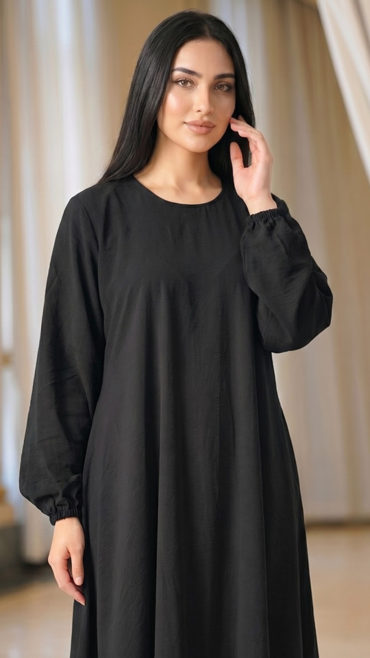 Traditional Abaya with Elastic Sleeve Bottoms in Black