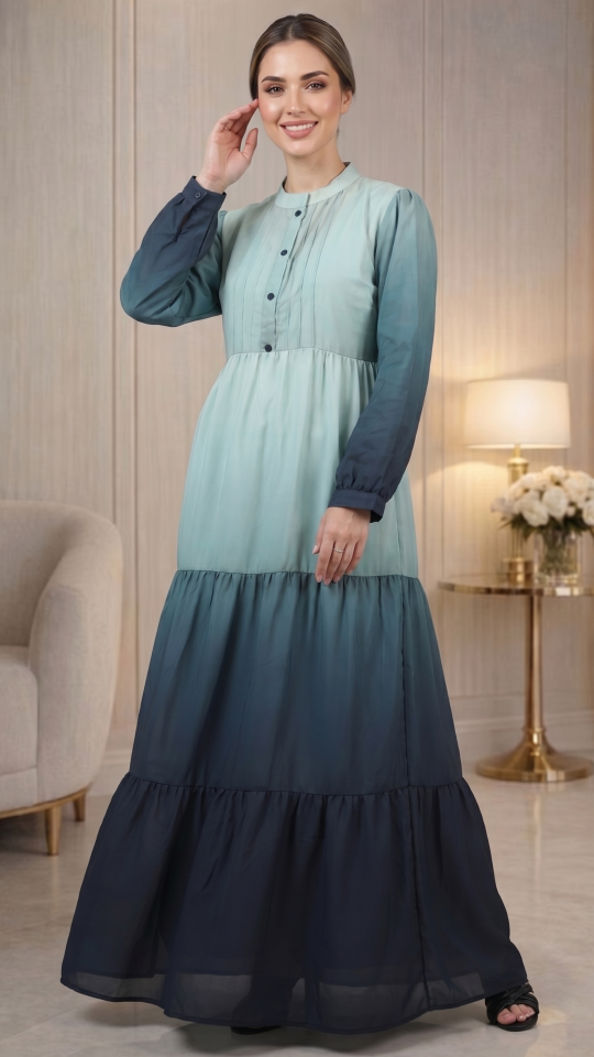 Ombre Modest Dress With Show Buttons
