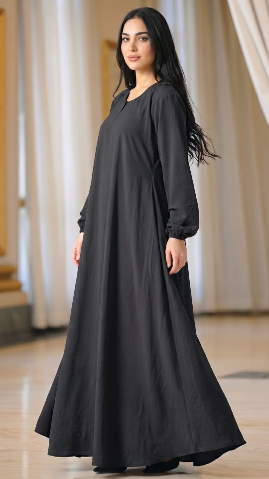 Traditional Abaya with Elastic Sleeve Bottoms in Black