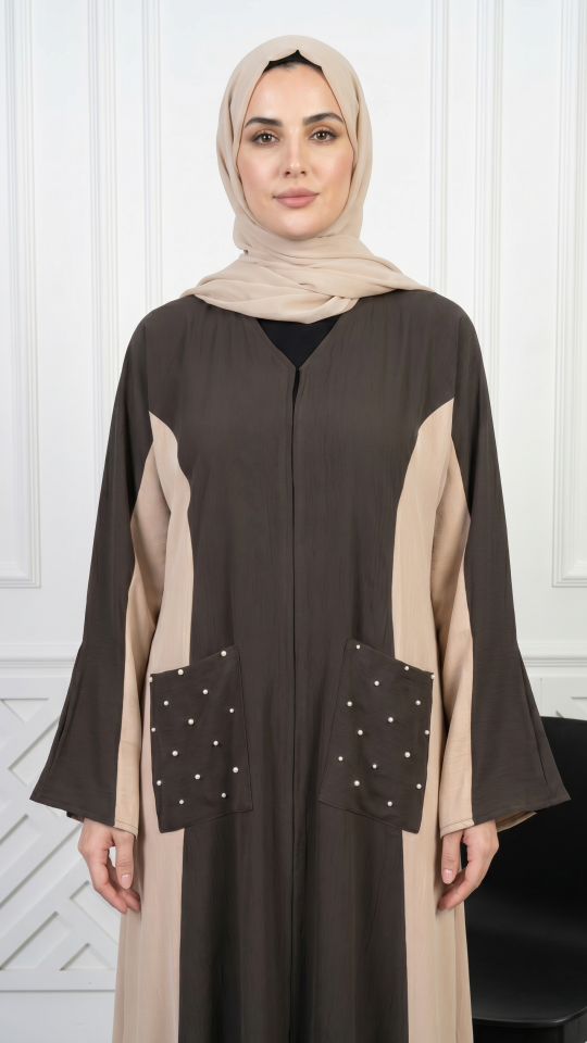 Beige and Dark Coffee Zoom Abaya with Pearl Work on the Pockets