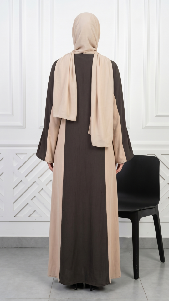 Beige and Dark Coffee Zoom Abaya with Pearl Work on the Pockets