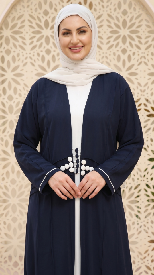 OffWhite and Navy Blue CEY Modest Dress with a Shrug and Show Button