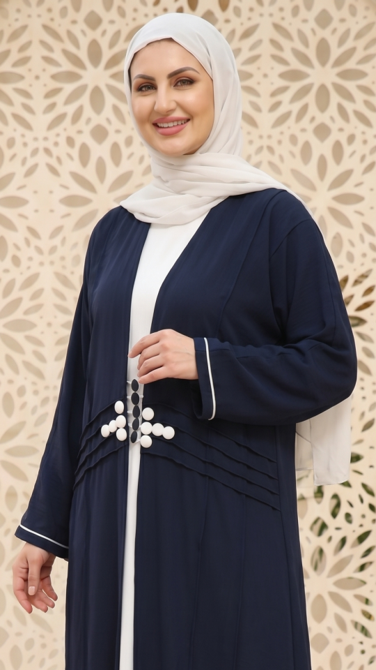 OffWhite and Navy Blue CEY Modest Dress with a Shrug and Show Button