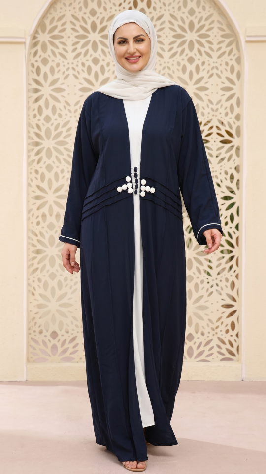 OffWhite and Navy Blue CEY Modest Dress with a Shrug and Show Button