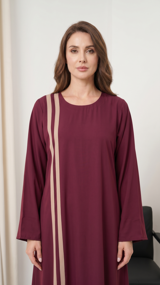 Maroon Abaya with Beige Double Bands on the Front