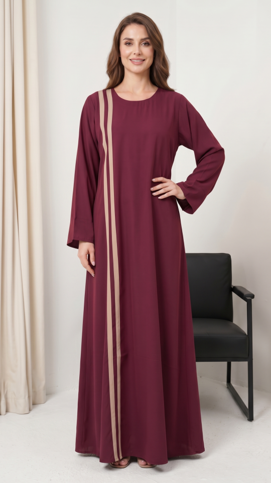 Maroon Abaya with Beige Double Bands on the Front