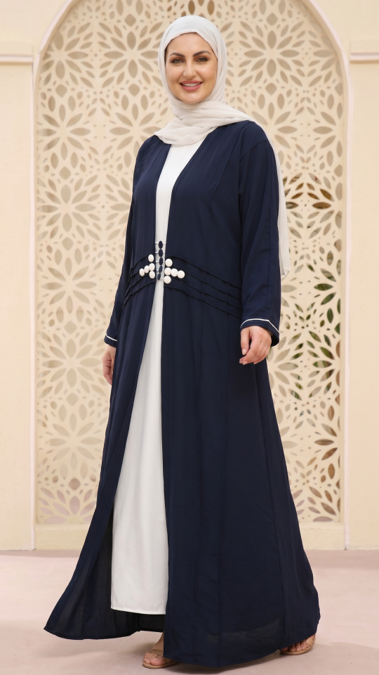OffWhite and Navy Blue CEY Modest Dress with a Shrug and Show Button