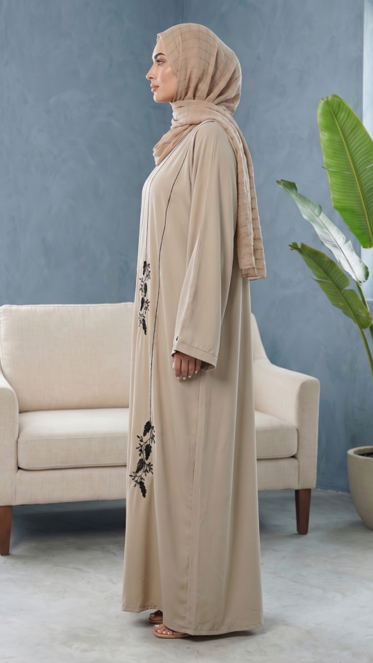 Modest Dress with Black Crystal Handwork on the Front and Sleeves Mesa Beige