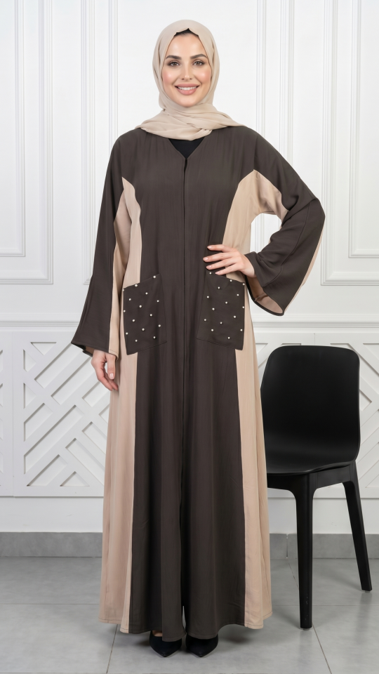 Beige and Dark Coffee Zoom Abaya with Pearl Work on the Pockets