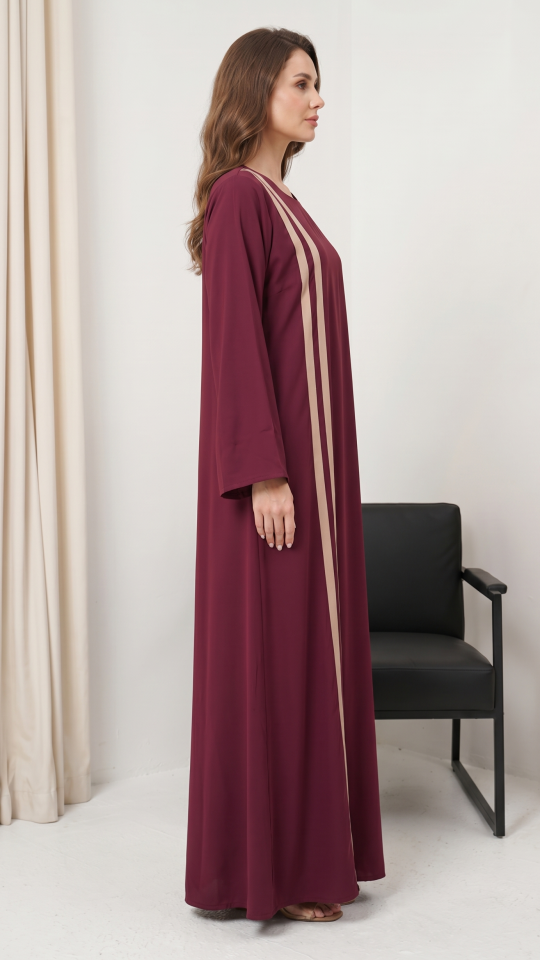Maroon Abaya with Beige Double Bands on the Front