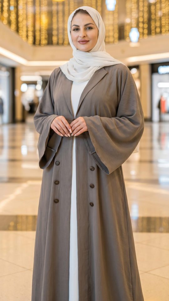 Brown and Off White CEY Modest Dress with a Trench Coat and Show Buttons on the Front