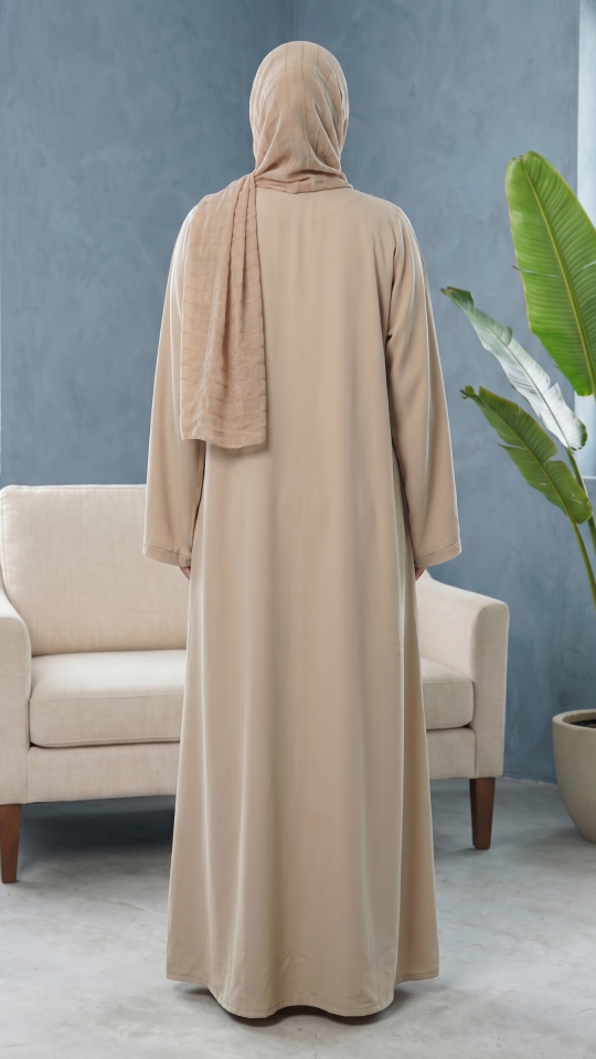 Modest Dress with Black Crystal Handwork on the Front and Sleeves Mesa Beige