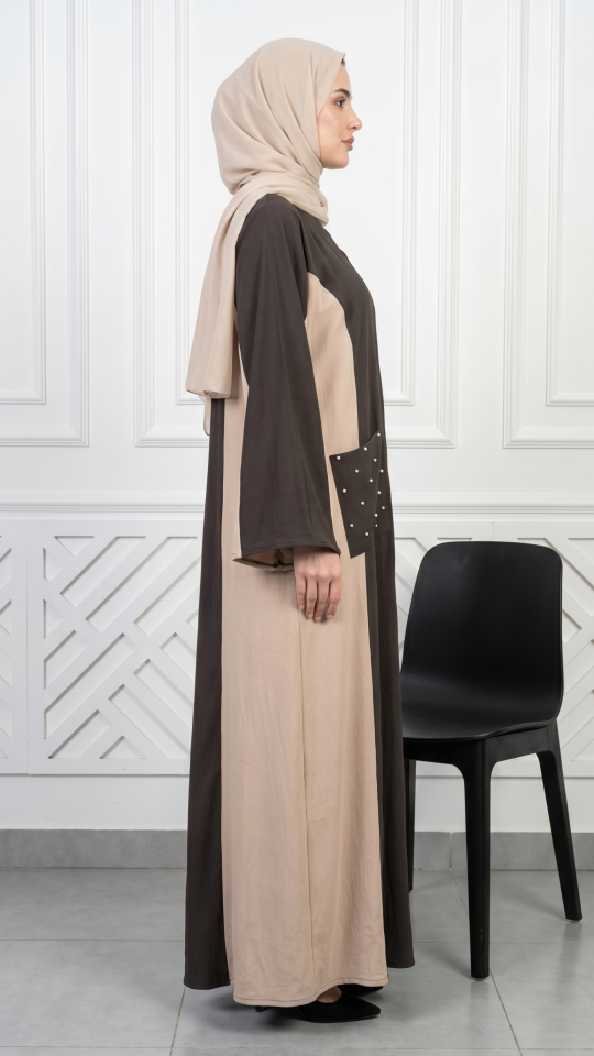 Beige and Dark Coffee Zoom Abaya with Pearl Work on the Pockets