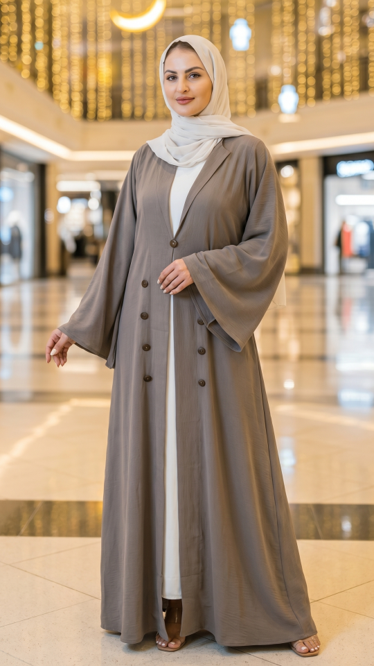 Brown and Off White CEY Modest Dress with a Trench Coat and Show Buttons on the Front
