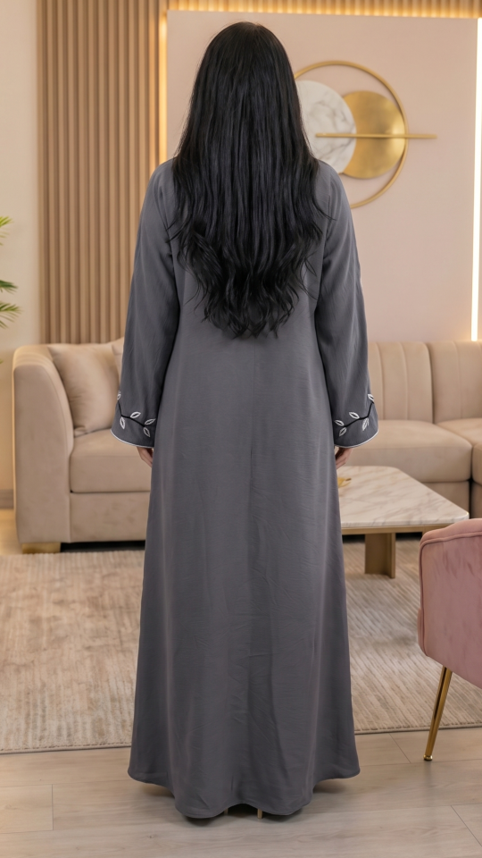 Grey Zoom Abaya With Crystal Hand Work And Piping 
