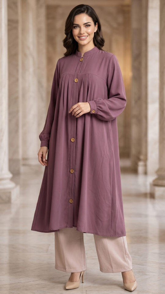 Dull Magenta  Blush Pink Modest Two Piece Tunic Abaya 