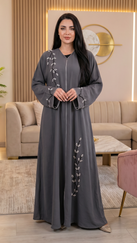 Grey Zoom Abaya With Crystal Hand Work And Piping 