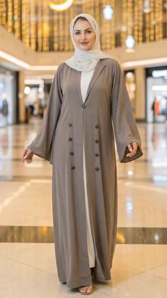 Brown and Off White CEY Modest Dress with a Trench Coat and Show Buttons on the Front