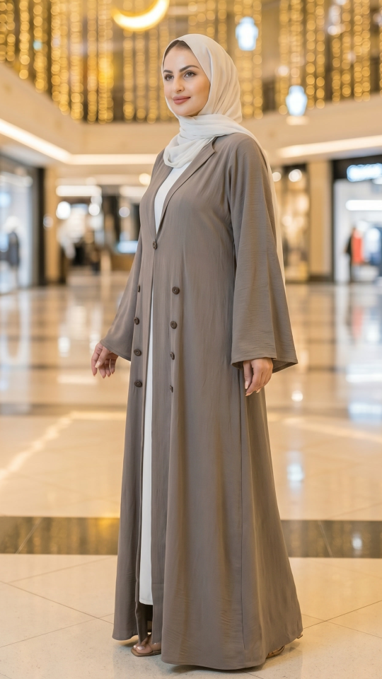 Brown and Off White CEY Modest Dress with a Trench Coat and Show Buttons on the Front