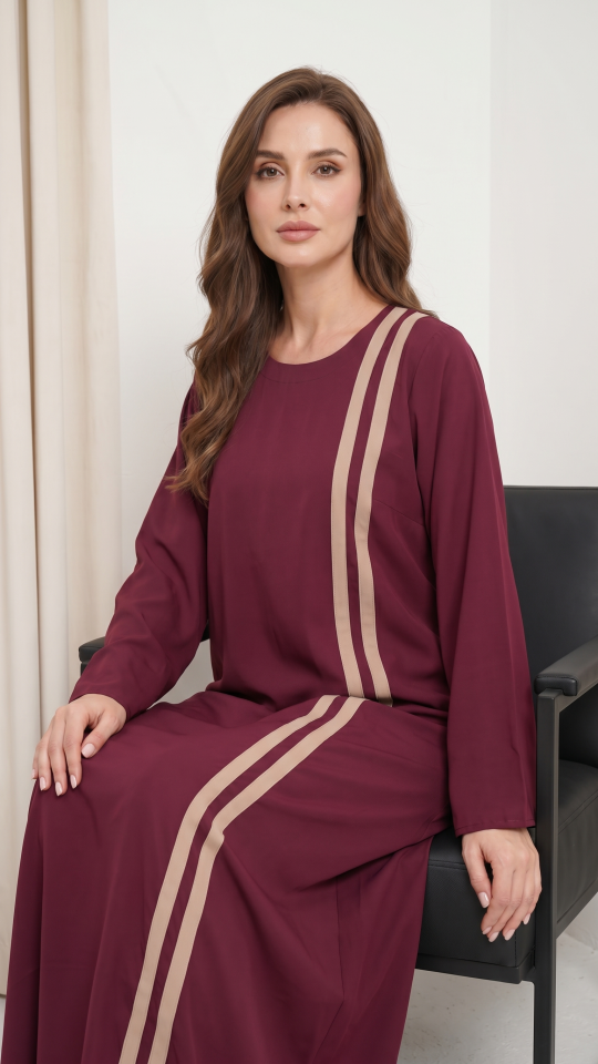 Maroon Abaya with Beige Double Bands on the Front