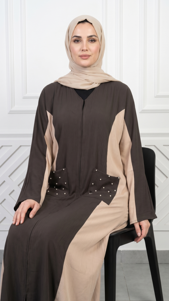 Beige and Dark Coffee Zoom Abaya with Pearl Work on the Pockets