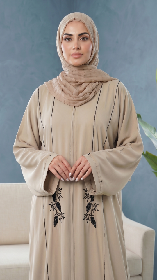 Modest Dress with Black Crystal Handwork on the Front and Sleeves Mesa Beige
