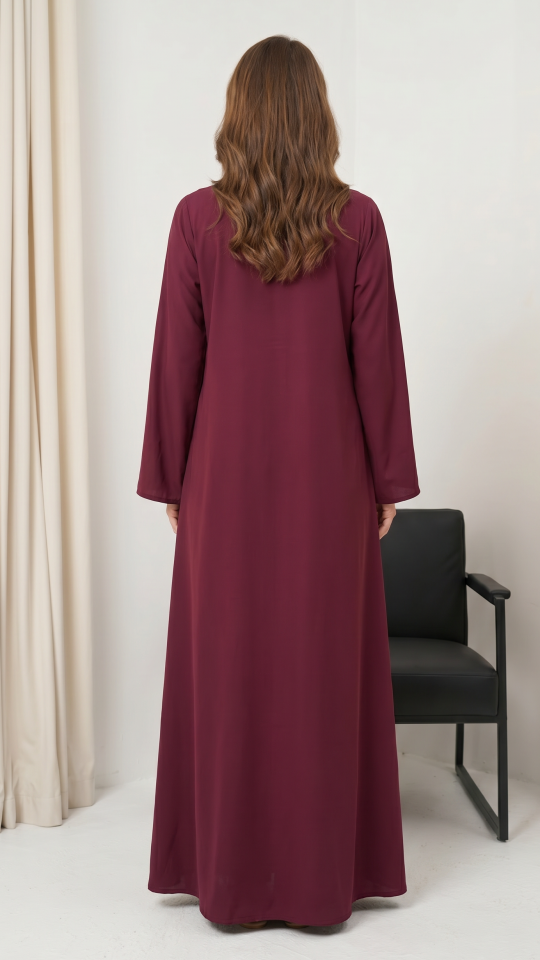 Maroon Abaya with Beige Double Bands on the Front