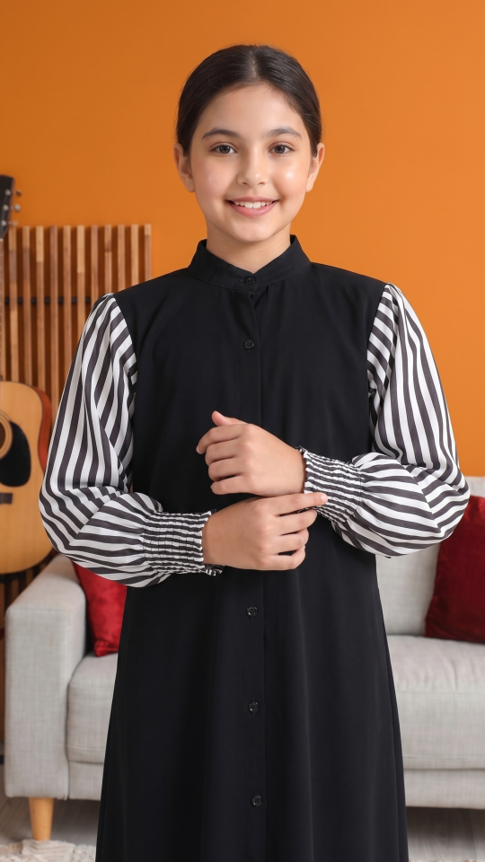 Stylish Kids Front Open Modest Dress with Show Buttons and Printed Design on the Sleeves