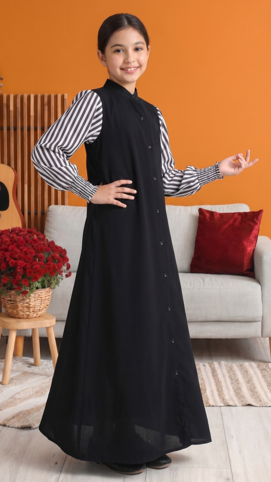 Stylish Kids Front Open Modest Dress with Show Buttons and Printed Design on the Sleeves