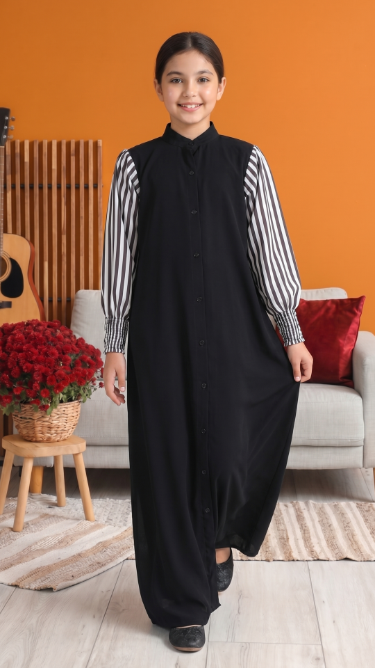 Stylish Kids Front Open Modest Dress with Show Buttons and Printed Design on the Sleeves