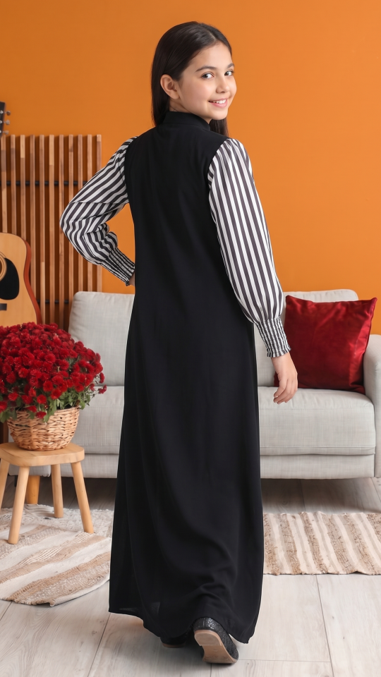Stylish Kids Front Open Modest Dress with Show Buttons and Printed Design on the Sleeves