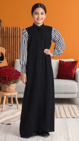 Stylish Kids Front Open Modest Dress with Show Buttons and Printed Design on the Sleeves