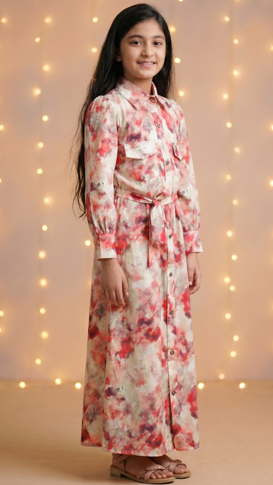 Brown Kids Front Open Modest Dress with Two Side Pockets