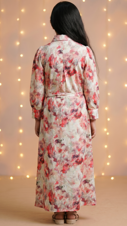 Brown Kids Front Open Modest Dress with Two Side Pockets