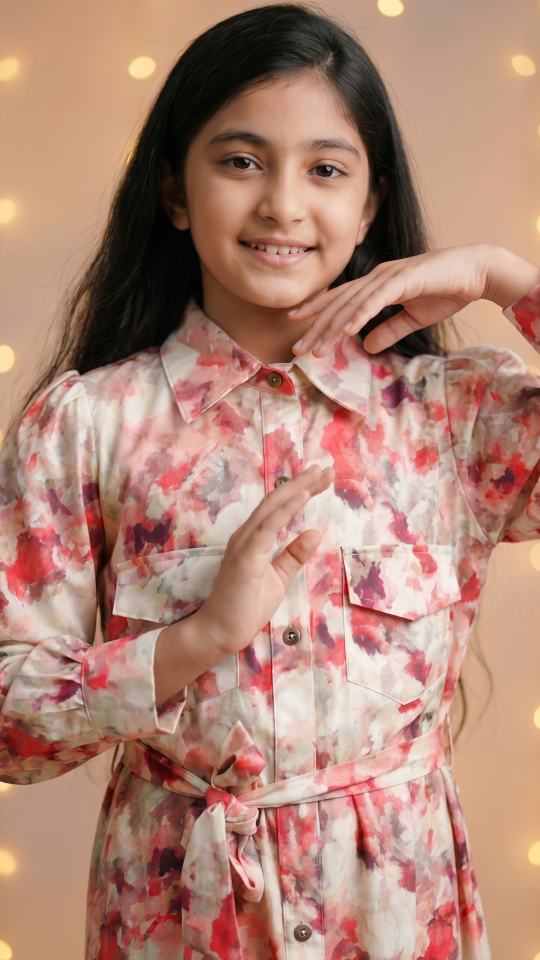 Brown Kids Front Open Modest Dress with Two Side Pockets