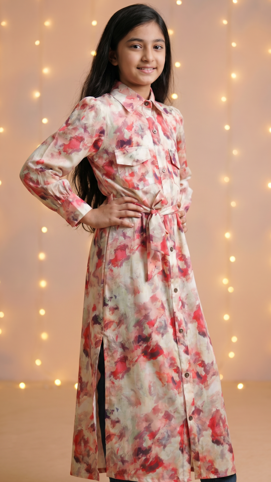 Brown Kids Front Open Modest Dress with Two Side Pockets