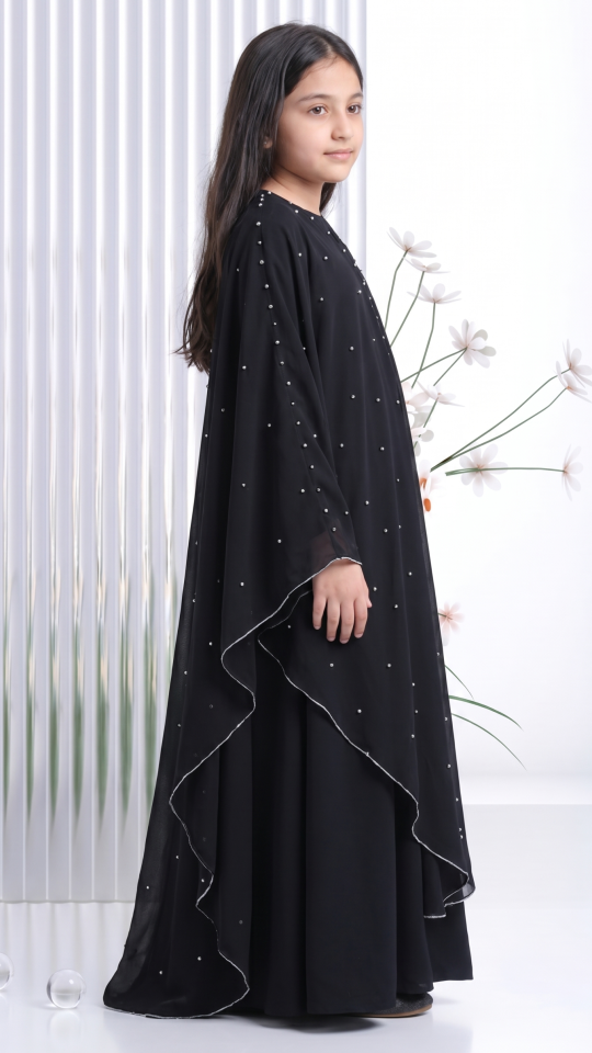 Stylish Black Kids Hooded Modest Dress with Pearl Work on the Shrug