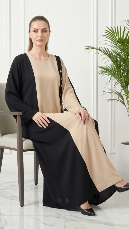 Abaya with Black Band work and Show Buttons on the Front in Black and Cream