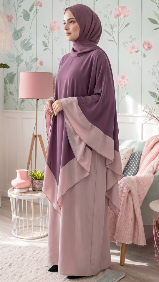 Ezra Two Piece Cape Abaya in Blush Pink and Dull Magenta