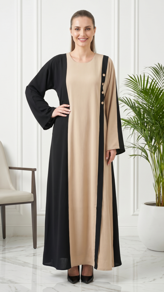 Abaya with Black Band work and Show Buttons on the Front in Black and Cream