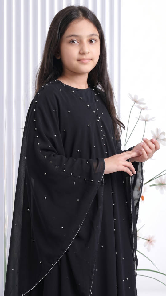 Stylish Black Kids Hooded Modest Dress with Pearl Work on the Shrug