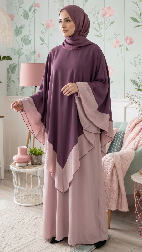 Ezra Two Piece Cape Abaya in Blush Pink and Dull Magenta