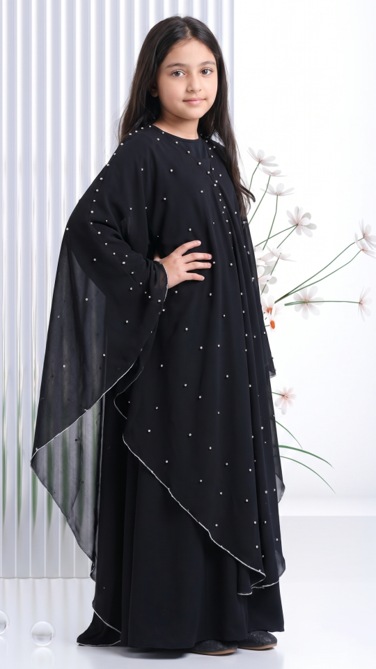 Stylish Black Kids Hooded Modest Dress with Pearl Work on the Shrug