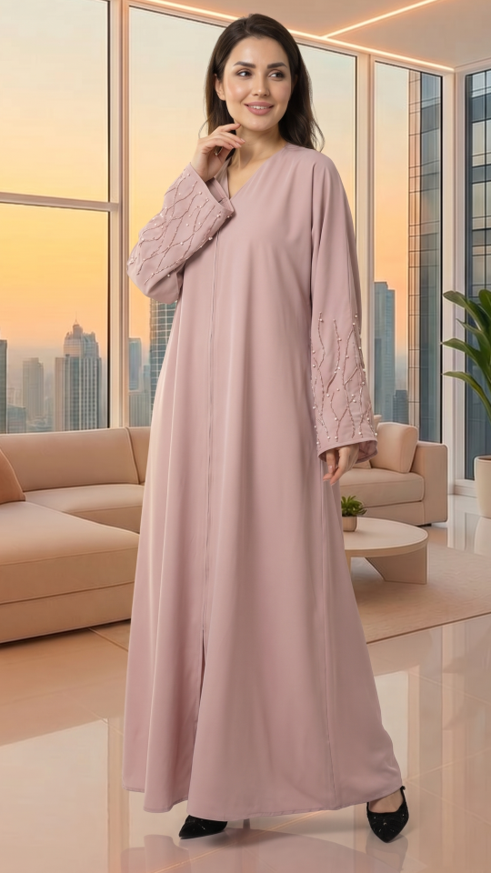 Classic Front Open Abaya with Handwork on the Sleeves in Blush Pink